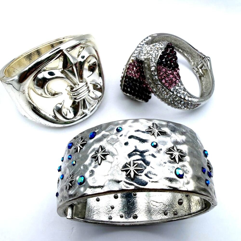 Lot 3 Silver Tone Chunky Cuff Bangle Bracelet Fleur De Lis Crystal Star Purple